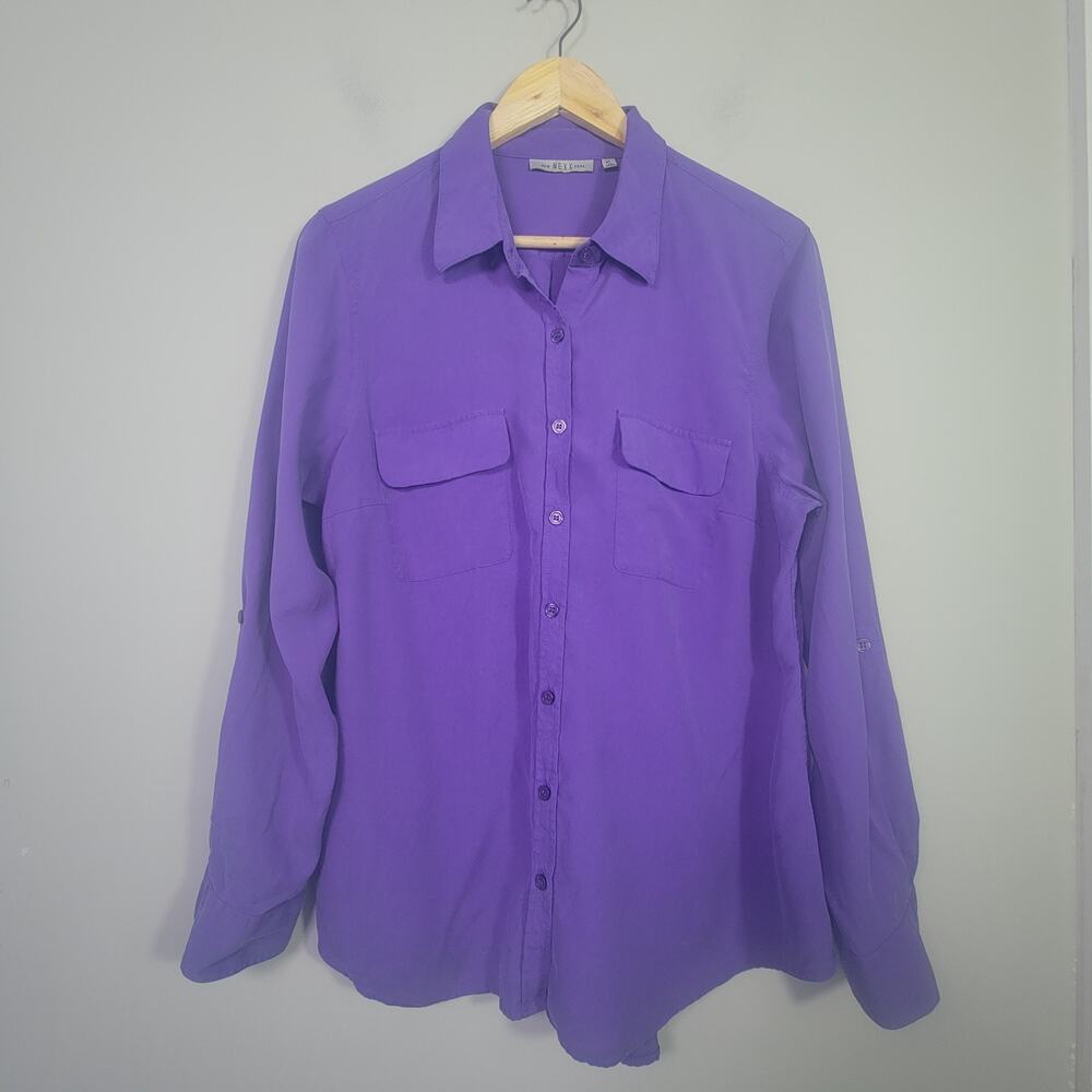 New Nexx York Womens XL Silk Long Roll Tab Sleeve Button Front Shirt Purple
